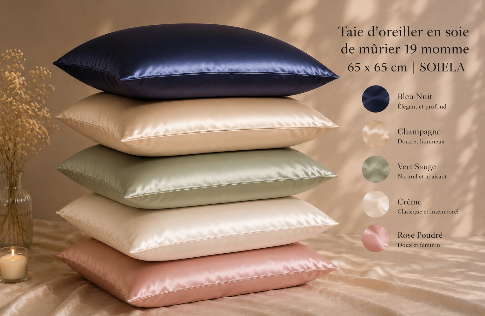 Taie d’oreiller en soie de mûrier 22 momme 65×65 | SOIELA